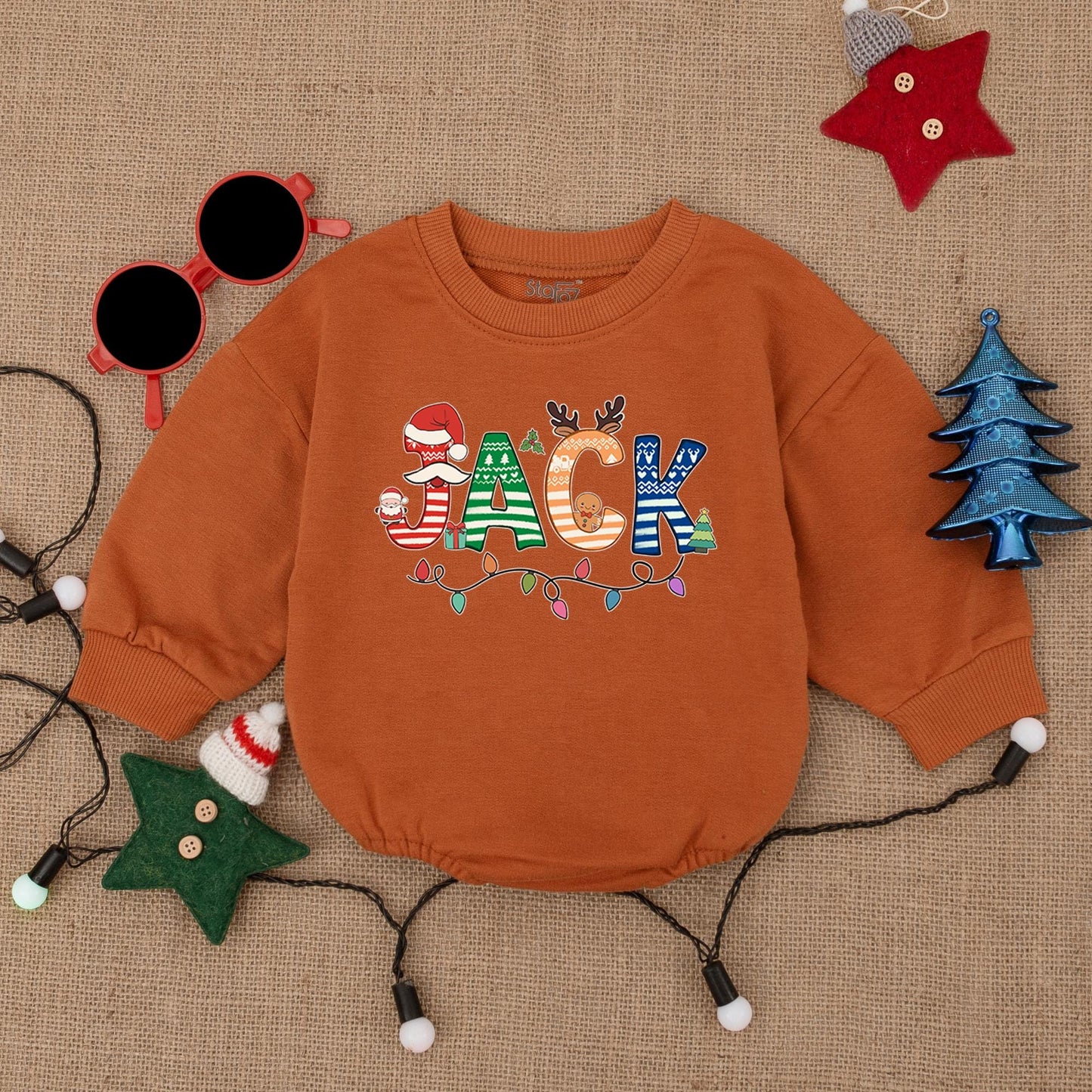 Personalized Christmas Baby Bubble Romper with Festive Named Design & Whimsical Holiday Patterns like Gingerbread, Santa Hats, Reindeer & Lights