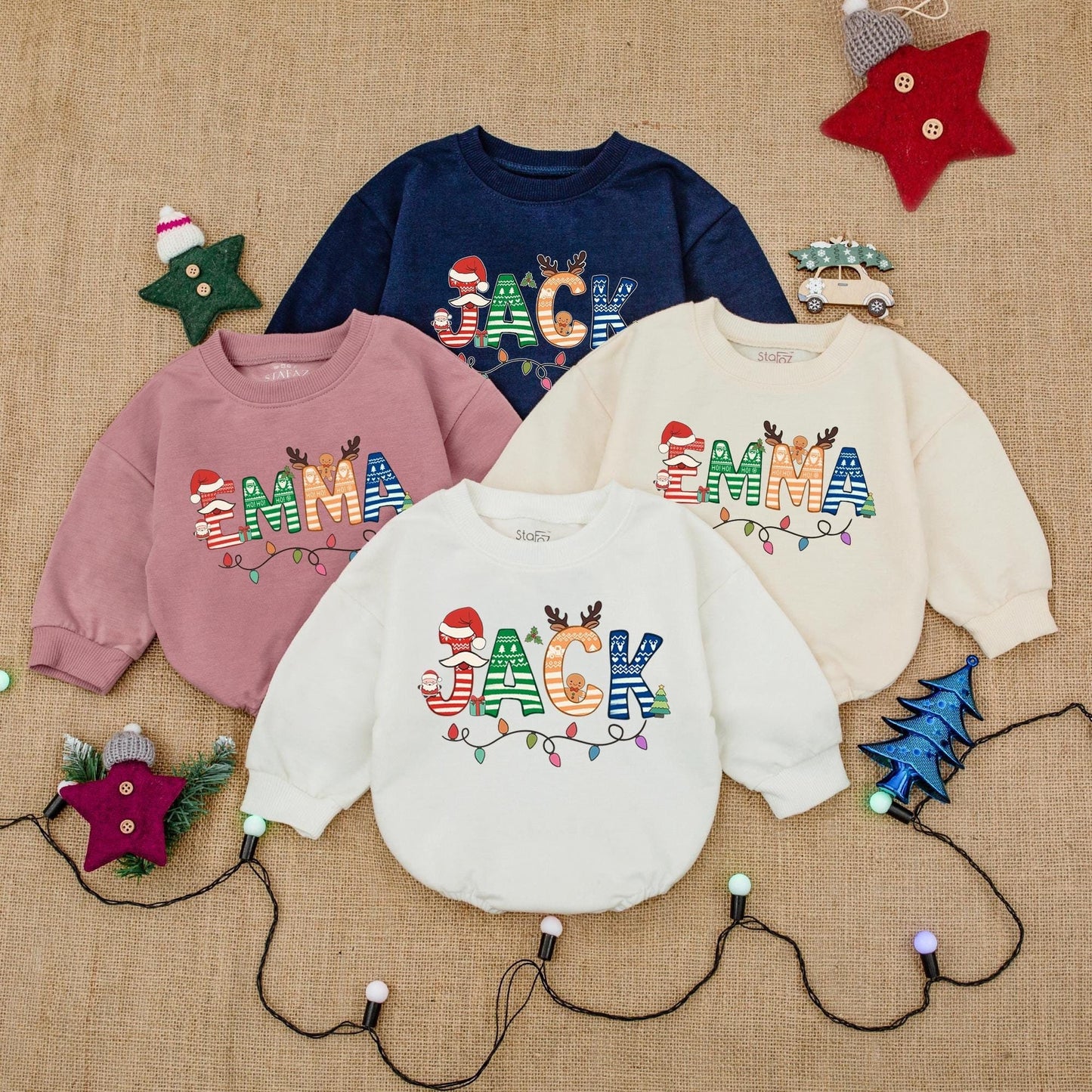 Personalized Christmas Baby Bubble Romper with Festive Named Design & Whimsical Holiday Patterns like Gingerbread, Santa Hats, Reindeer & Lights