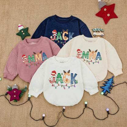 Personalized Christmas Baby Bubble Romper with Festive Named Design & Whimsical Holiday Patterns like Gingerbread, Santa Hats, Reindeer & Lights