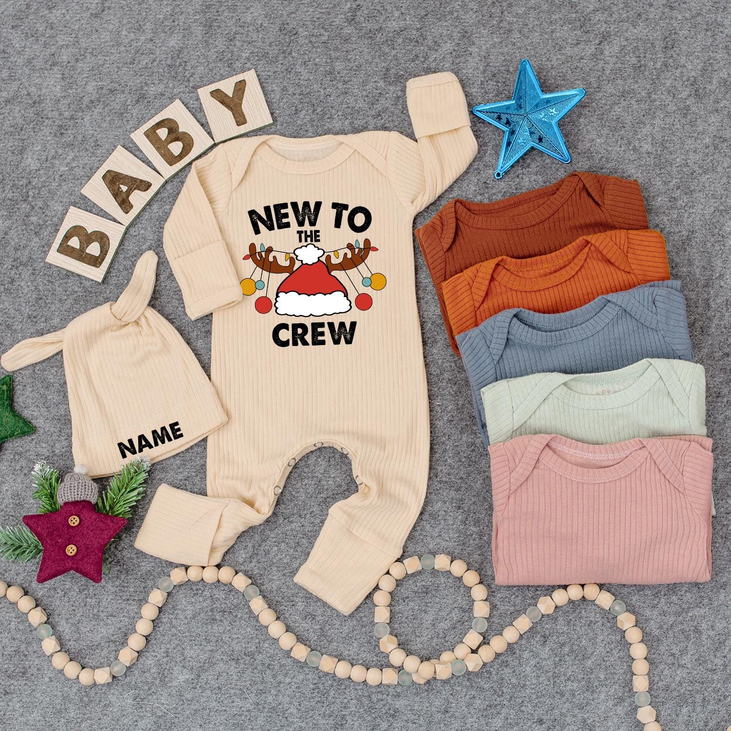 Personalized New To The Crew Christmas Baby Bodysuit Jumpsuit with Name Santa Hat Antlers Ornaments Newborn Coming Home First Holiday Gift Romper