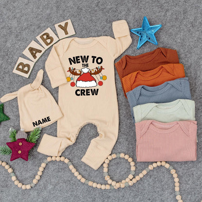 Personalized New To The Crew Christmas Baby Bodysuit Jumpsuit with Name Santa Hat Antlers Ornaments Newborn Coming Home First Holiday Gift Romper