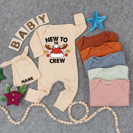Personalized New To The Crew Christmas Baby Bodysuit Jumpsuit with Name Santa Hat Antlers Ornaments Newborn Coming Home First Holiday Gift Romper