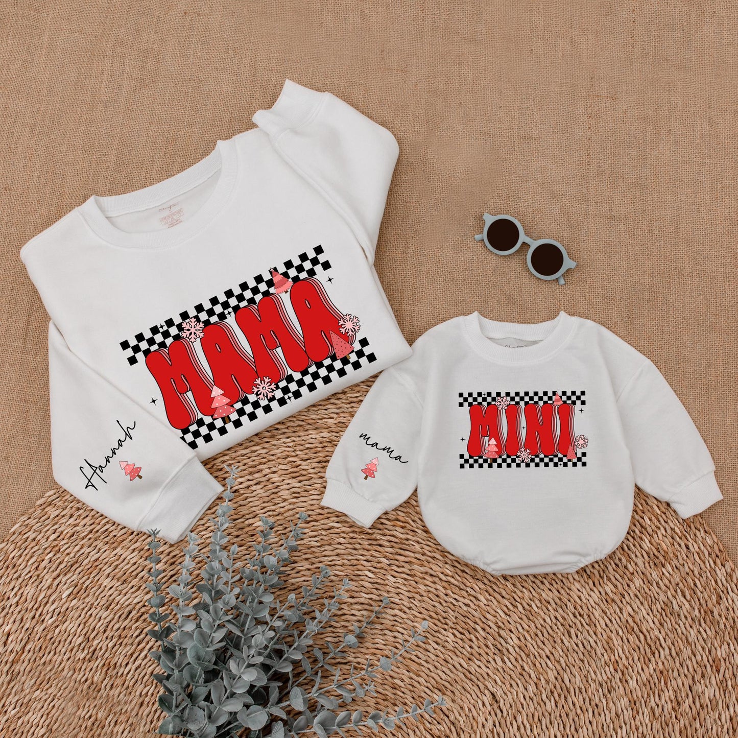 Matching Checkered Christmas Sweatshirts for Mom and Mini Family