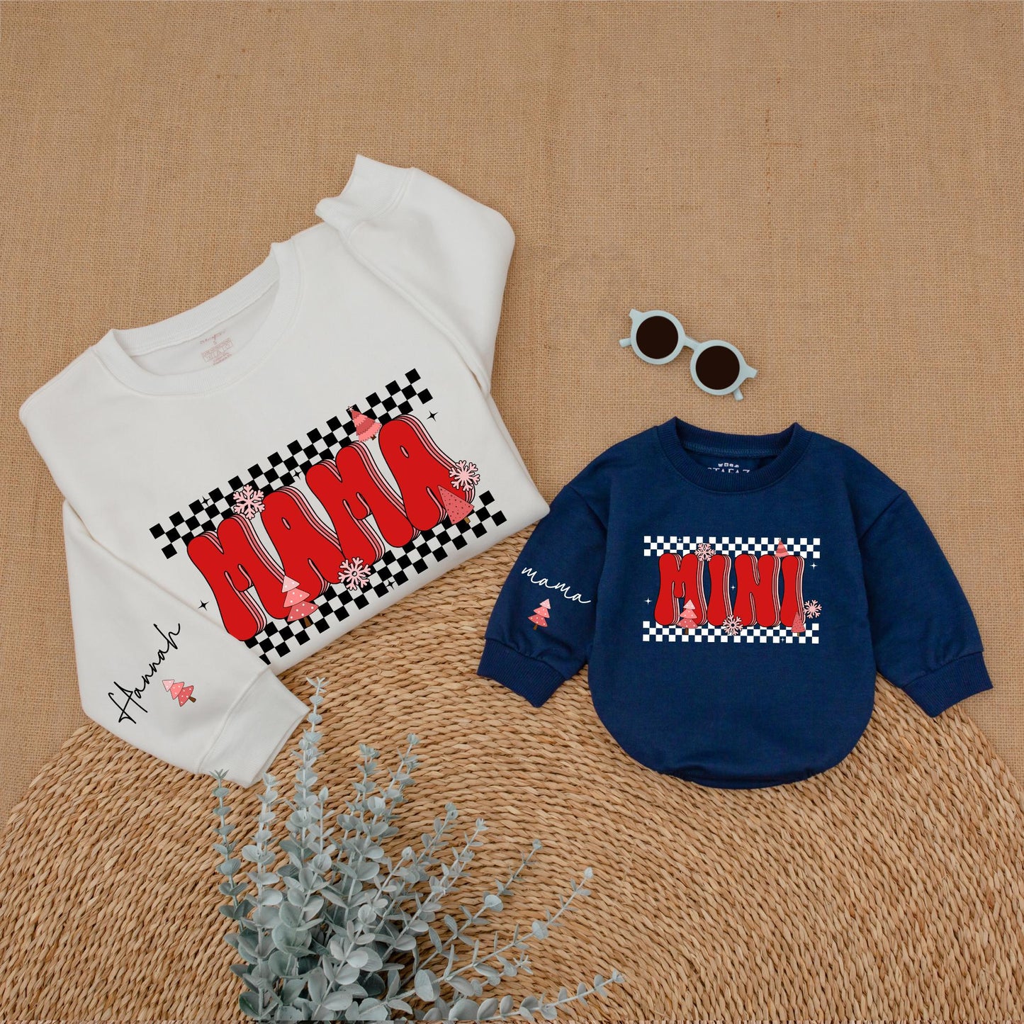 Matching Checkered Christmas Sweatshirts for Mom and Mini Family