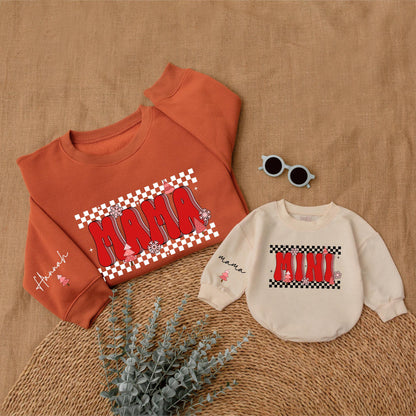 Matching Checkered Christmas Sweatshirts for Mom and Mini Family