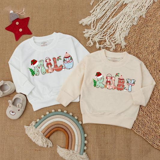 Festive Personalized Christmas Sweatshirt, Whimsical Toddler Shirt for Baby, Custom Name Holiday Gift Reby Milo Design, Soft Cotton Christmas Pajamas 138