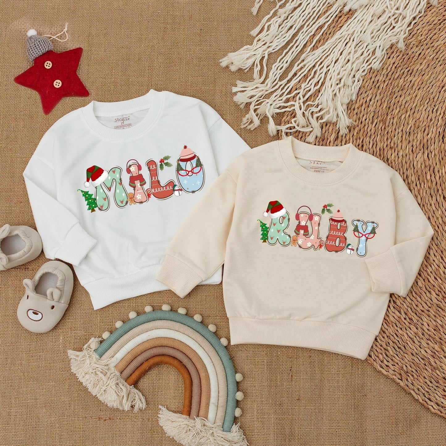 Festive Personalized Christmas Sweatshirt, Whimsical Toddler Shirt for Baby, Custom Name Holiday Gift Reby Milo Design, Soft Cotton Christmas Pajamas 138