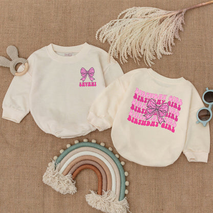 Pink Bow Birthday Girl Romper Baby Personalized JAVANI Name Retro Wavy Text Outfit First Birthday Celebration