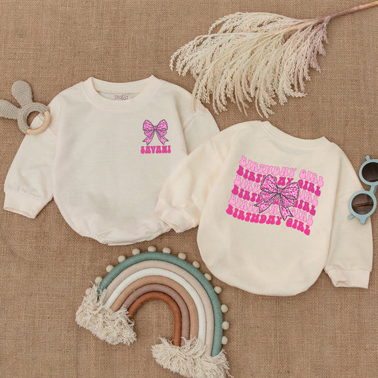 Pink Bow Birthday Girl Romper Baby Personalized JAVANI Name Retro Wavy Text Outfit First Birthday Celebration