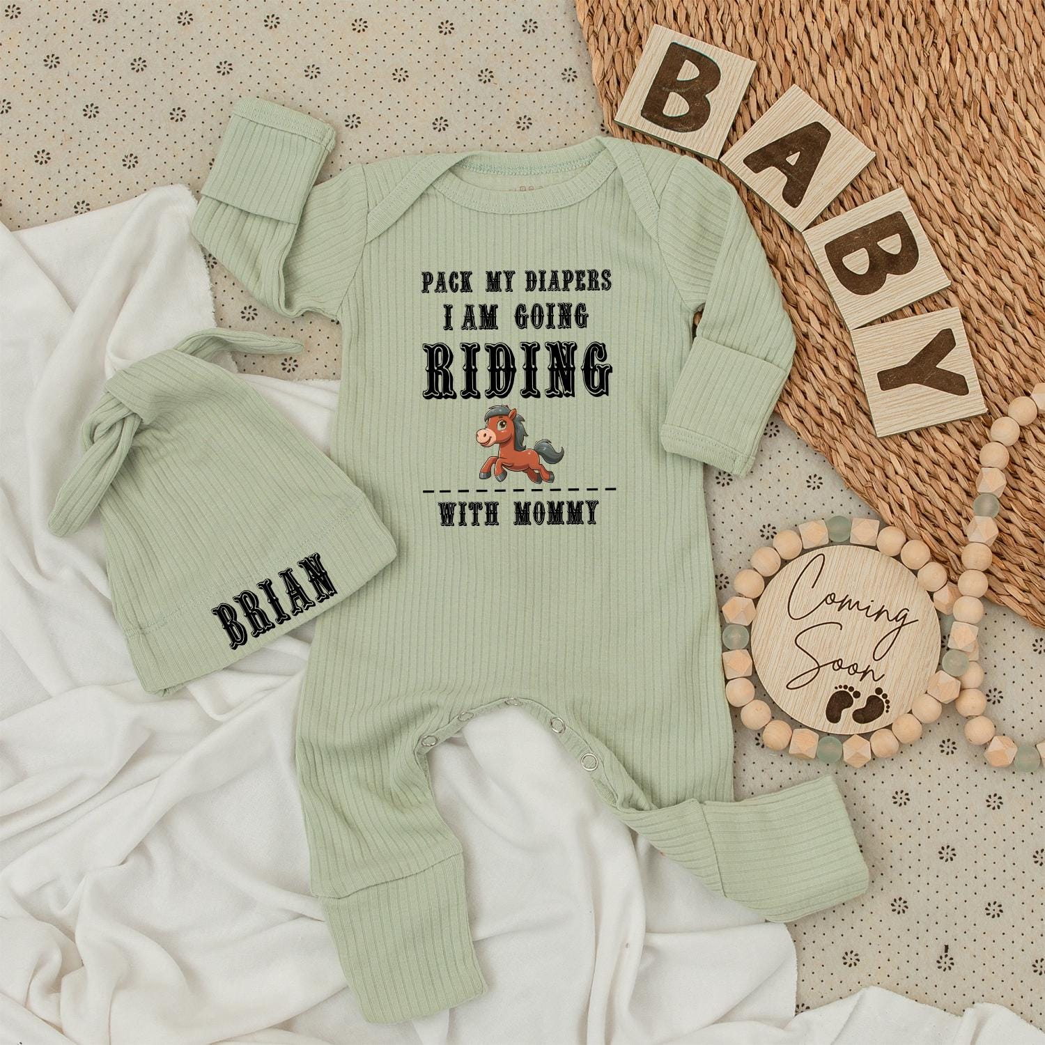 Pack My Diapers Horseback Riding Baby Bodysuit Set, Funny Equestrian Outfit for Mommy's Little Rider, Unique Newborn Gift with Brian Hat (138 chars)