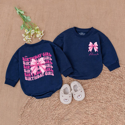First Birthday Personalized Pink Bow Romper, Baby Girl Outfit