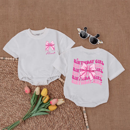 First Birthday Personalized Pink Bow Romper, Baby Girl Outfit