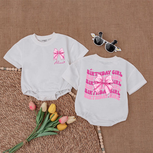 First Birthday Personalized Pink Bow Romper, Baby Girl Outfit