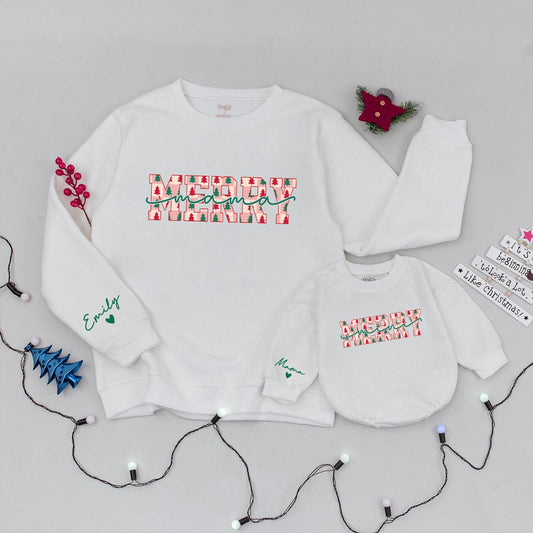 Personalized Merry Mama and Mini Sweaters with Green Trees Red Pink Squares Family Christmas Outfit Matching Festive Joyful Cozy Holiday Style