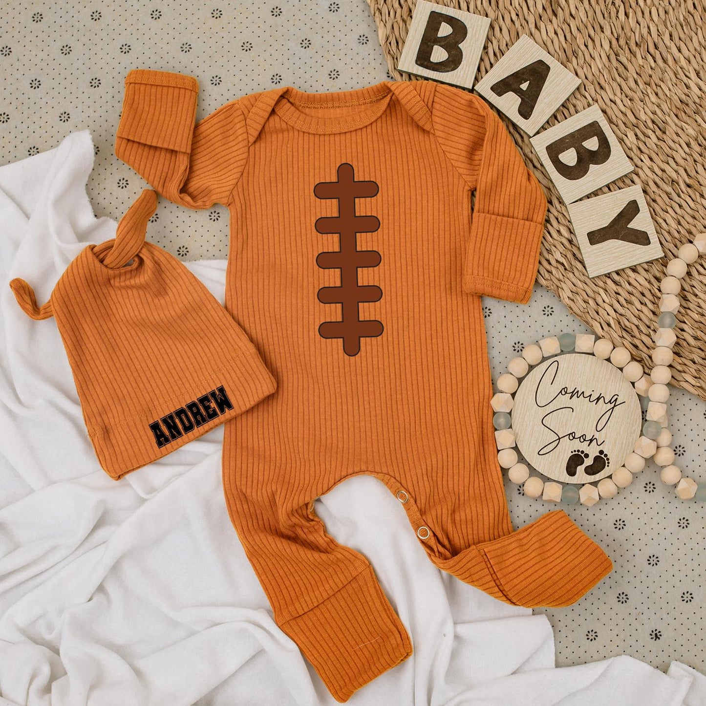 Newborn Baby Football Bodysuit & Hat Set: Andrew Design, Retro Sporty Outfit, Perfect for Dad & Baby, Pregnancy Gift, Baby Boy Clothes