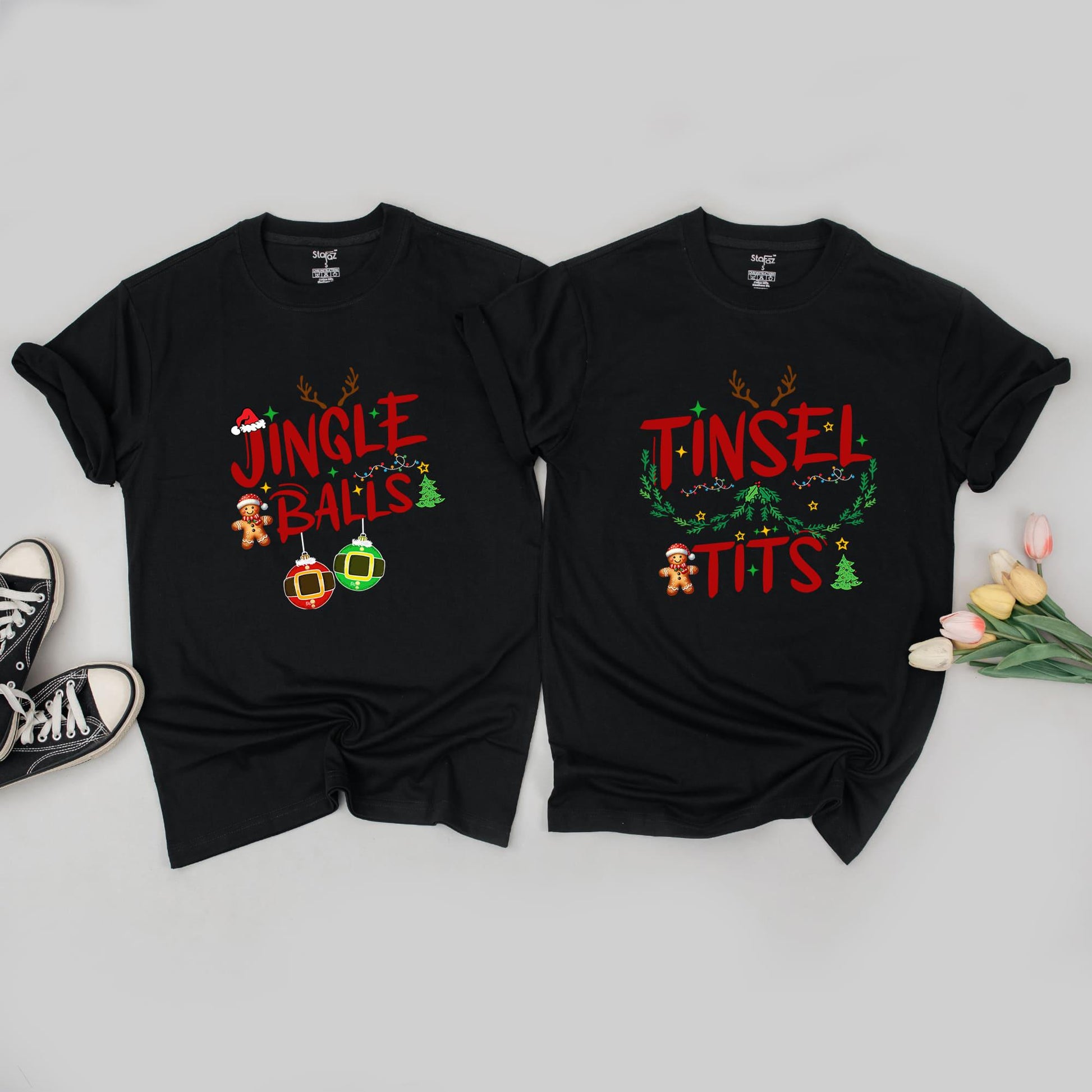 Couples Funny Holiday Sweaters - Jingle Balls & Tinsel Tits Outfits
