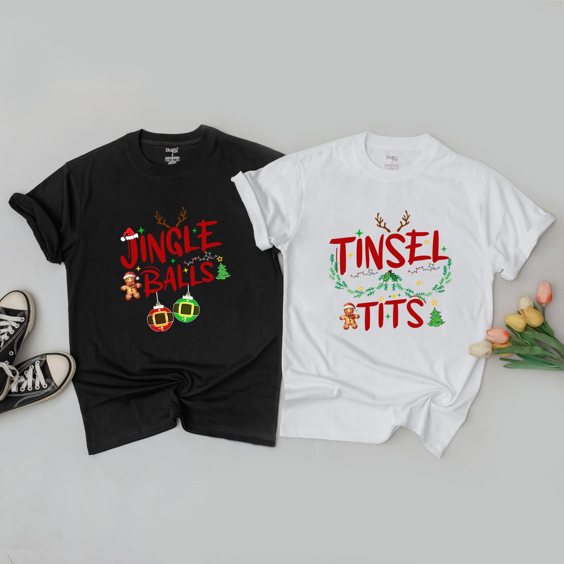 Couples Funny Holiday Sweaters - Jingle Balls & Tinsel Tits Outfits