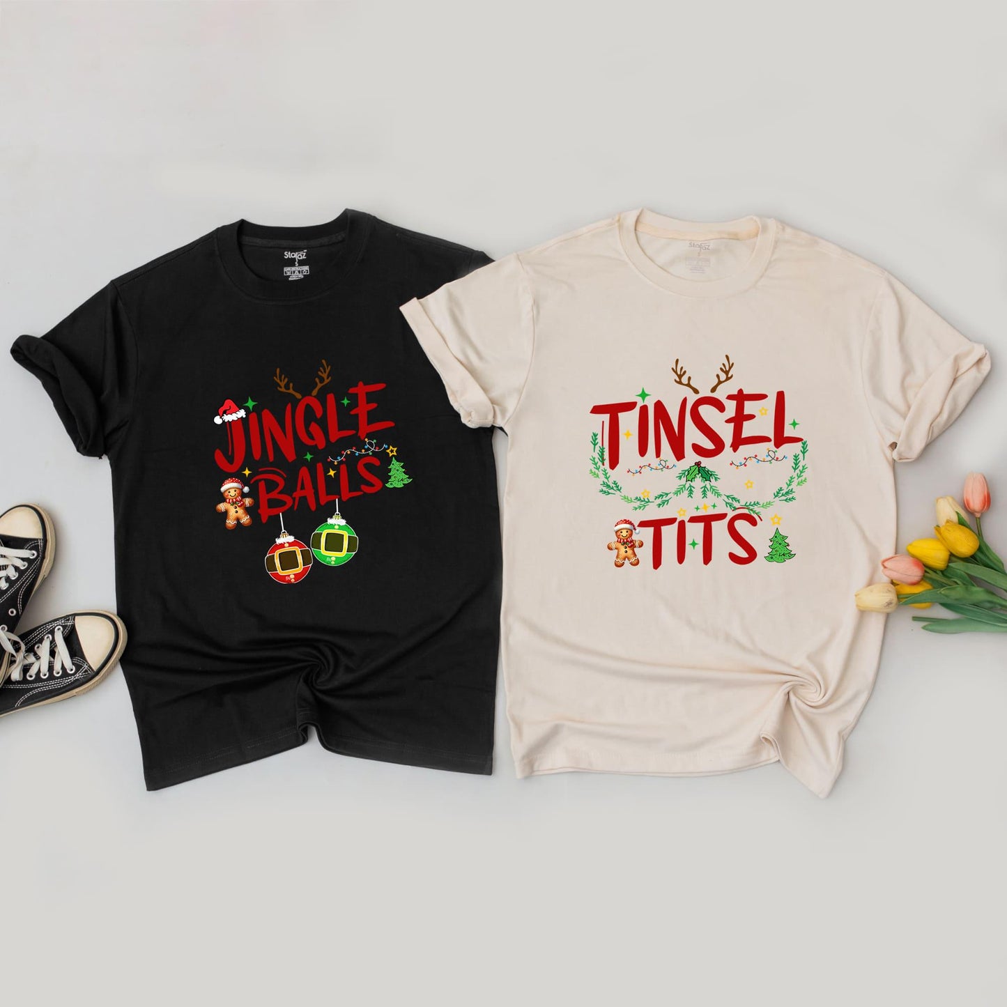 Couples Funny Holiday Sweaters - Jingle Balls & Tinsel Tits Outfits