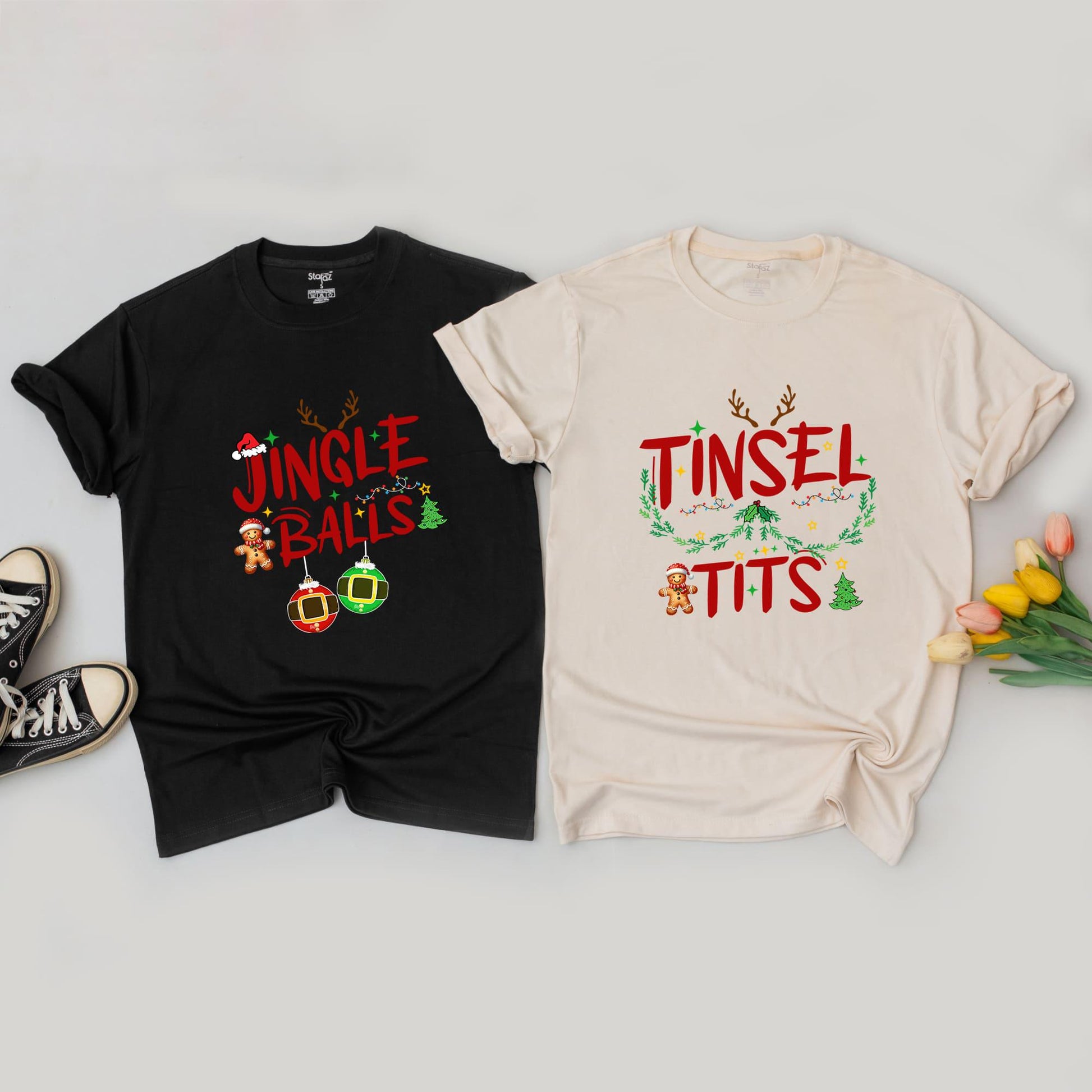Couples Funny Holiday Sweaters - Jingle Balls & Tinsel Tits Outfits