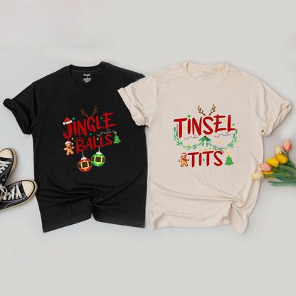 Couples Funny Holiday Sweaters - Jingle Balls & Tinsel Tits Outfits