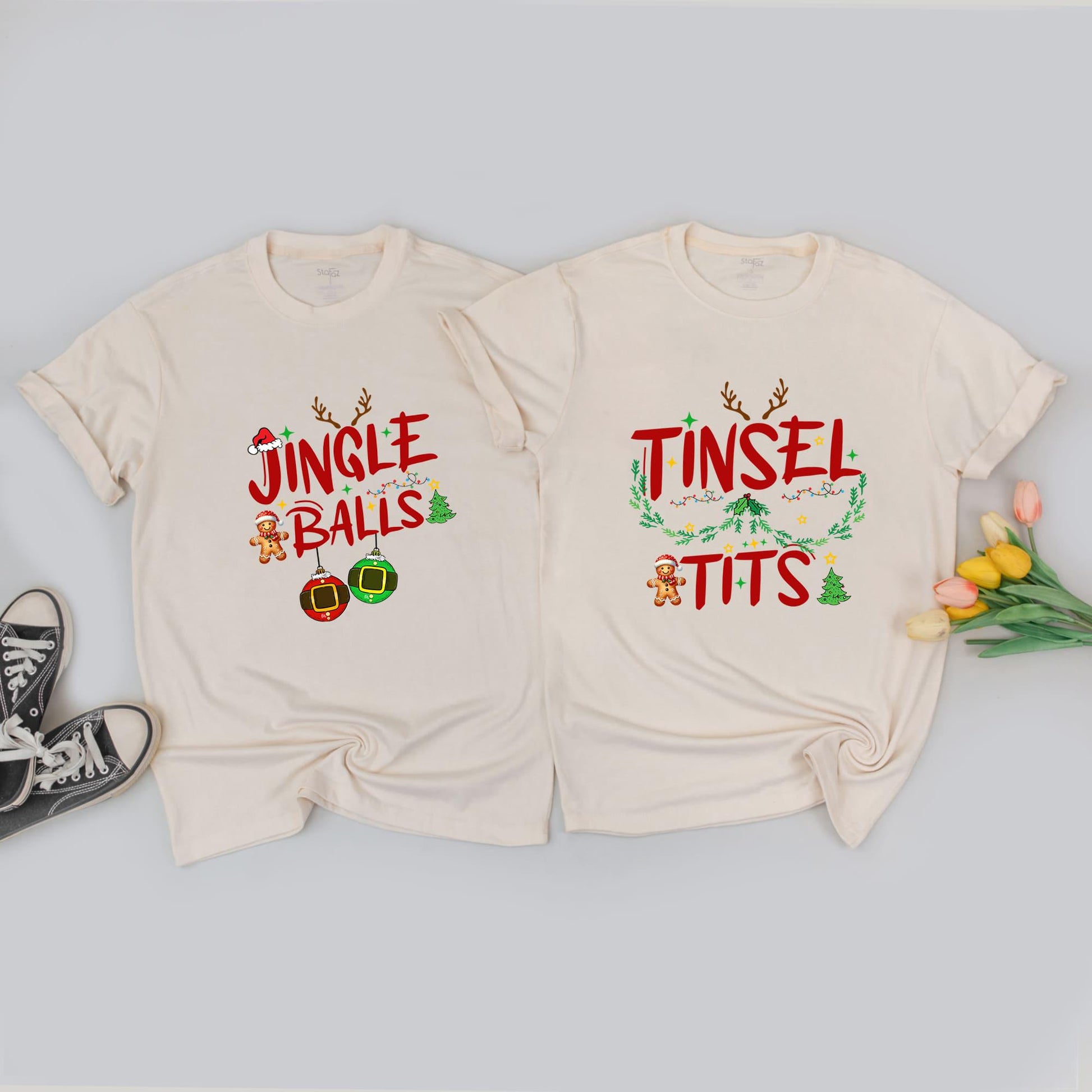 Couples Funny Holiday Sweaters - Jingle Balls & Tinsel Tits Outfits