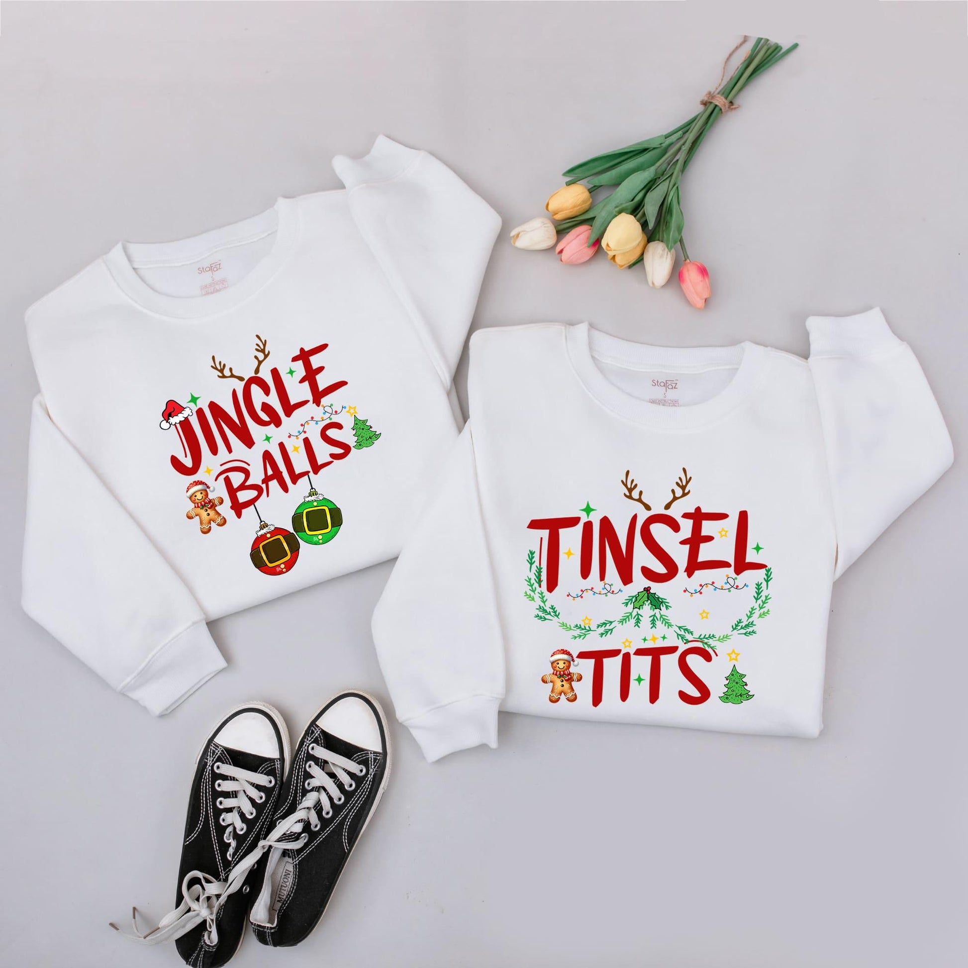 Couples Funny Holiday Sweaters - Jingle Balls & Tinsel Tits Outfits