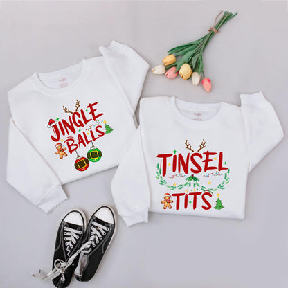 Couples Funny Holiday Sweaters - Jingle Balls & Tinsel Tits Outfits