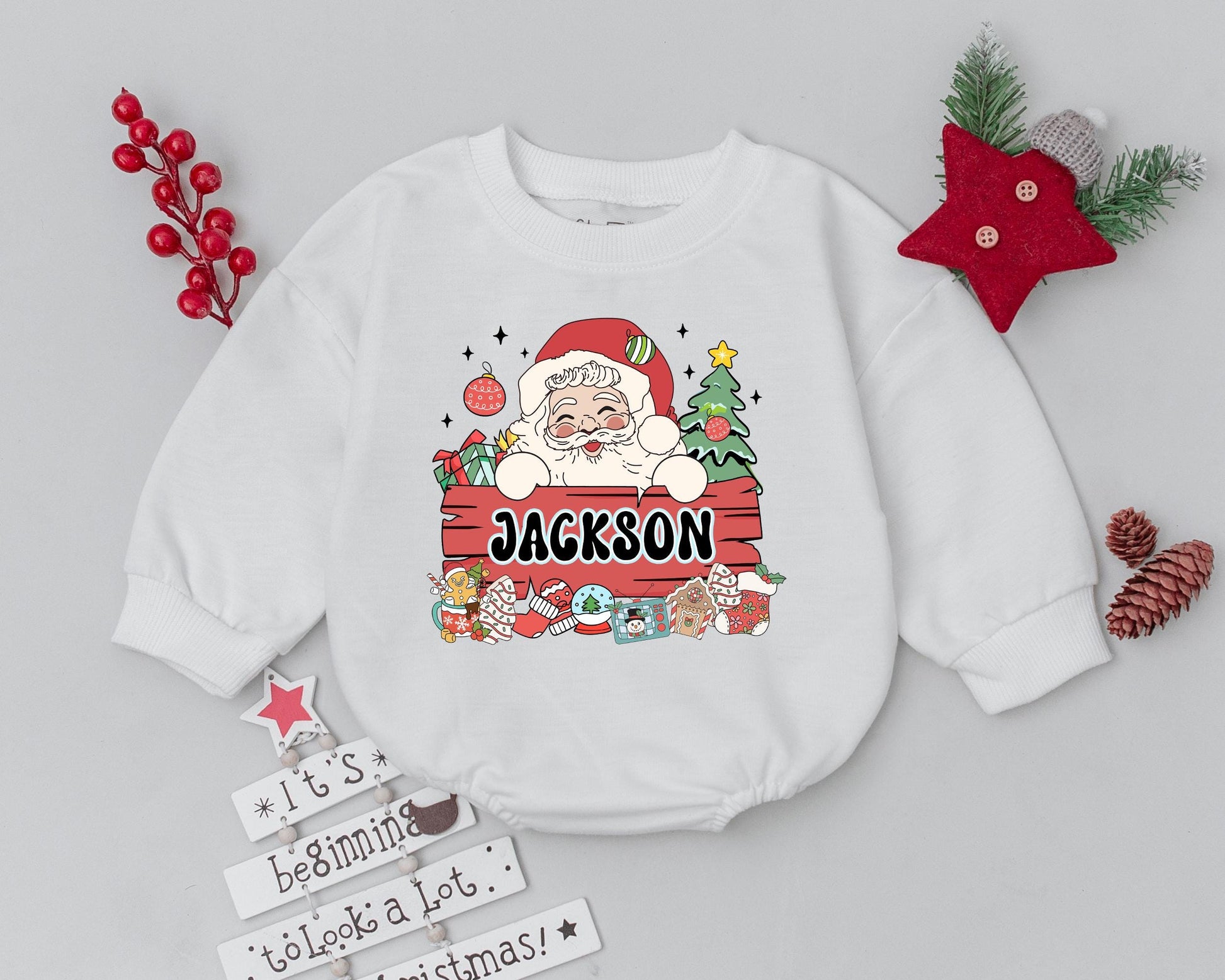 Personalized Vintage Santa Romper - Baby's First Christmas Outfit  