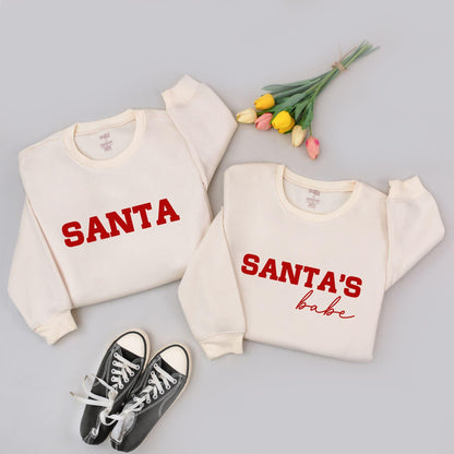 Christmas Couple Matching Sweatshirts "SANTA" & "SANTA'S BABE" Red Text Holiday Outfits His & Hers Festive Sweaters for Couples