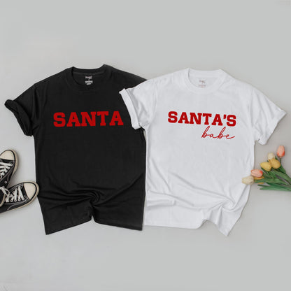 Christmas Couple Matching Sweatshirts "SANTA" & "SANTA'S BABE" Red Text Holiday Outfits His & Hers Festive Sweaters for Couples