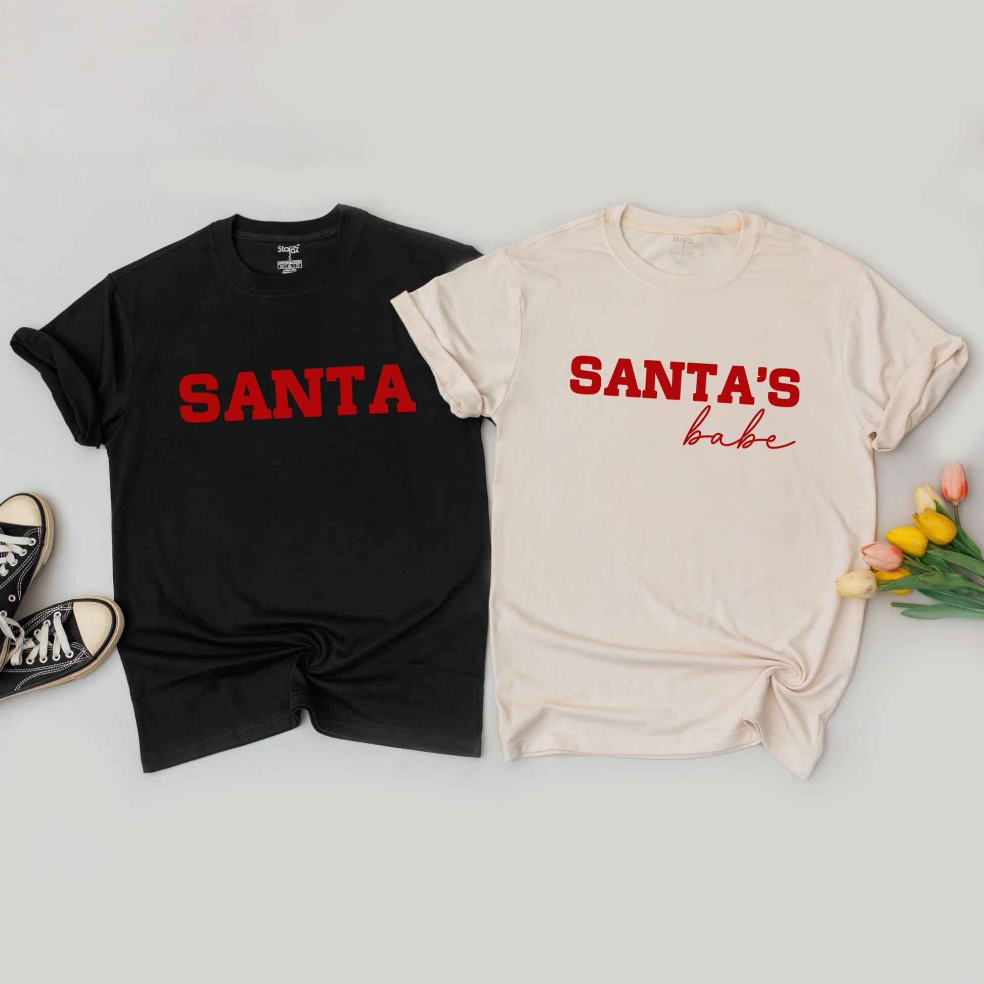 Christmas Couple Matching Sweatshirts "SANTA" & "SANTA'S BABE" Red Text Holiday Outfits His & Hers Festive Sweaters for Couples