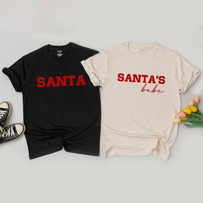 Christmas Couple Matching Sweatshirts "SANTA" & "SANTA'S BABE" Red Text Holiday Outfits His & Hers Festive Sweaters for Couples