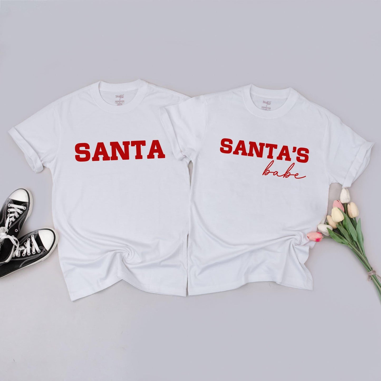 Christmas Couple Matching Sweatshirts "SANTA" & "SANTA'S BABE" Red Text Holiday Outfits His & Hers Festive Sweaters for Couples