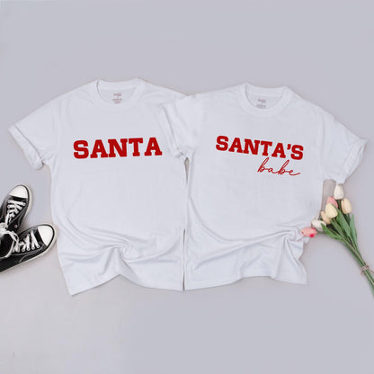 Christmas Couple Matching Sweatshirts "SANTA" & "SANTA'S BABE" Red Text Holiday Outfits His & Hers Festive Sweaters for Couples