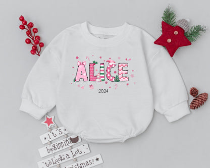 Custom Name Christmas Romper, Vintage Pink Baby’s First Holiday Outfit  