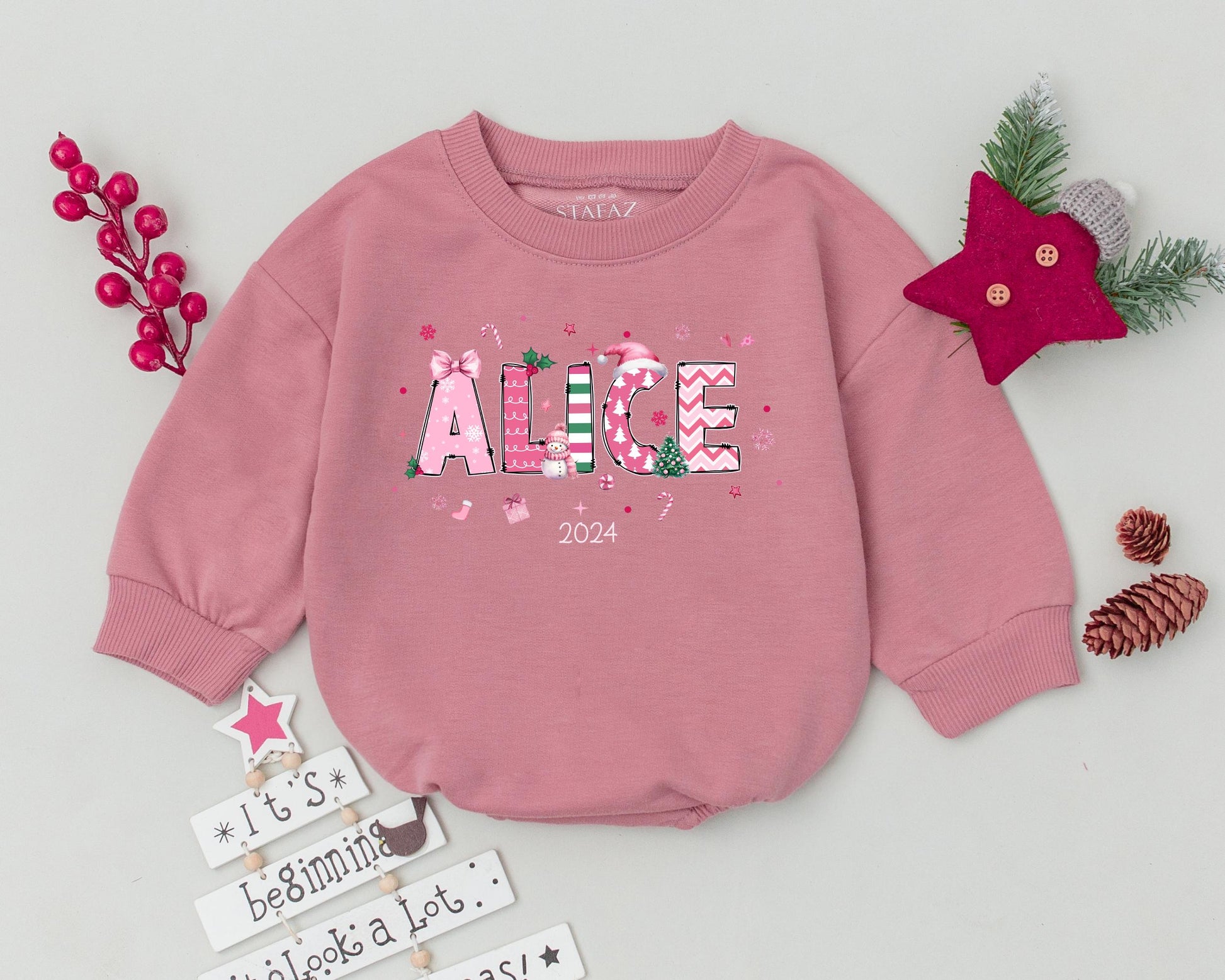 Custom Name Christmas Romper, Vintage Pink Baby’s First Holiday Outfit  