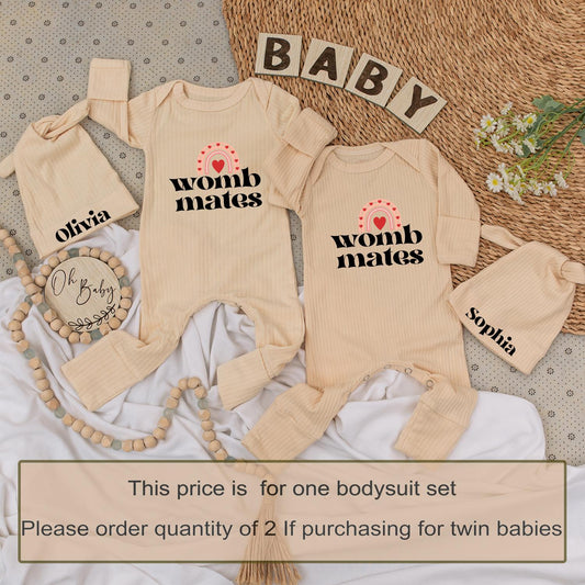 Womb Mates Twin Baby Bodysuit Set with Hats, Rainbow Heart Design | Newborn Girl or Boy Gift | Personalized Olivia & Sophia Matching Outfit 136