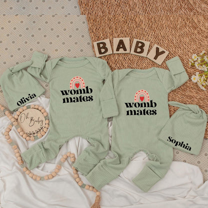 Womb Mates Twin Baby Bodysuit Set with Hats, Rainbow Heart Design | Newborn Girl or Boy Gift | Personalized Olivia & Sophia Matching Outfit 136