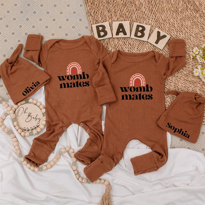 Womb Mates Twin Baby Bodysuit Set with Hats, Rainbow Heart Design | Newborn Girl or Boy Gift | Personalized Olivia & Sophia Matching Outfit 136