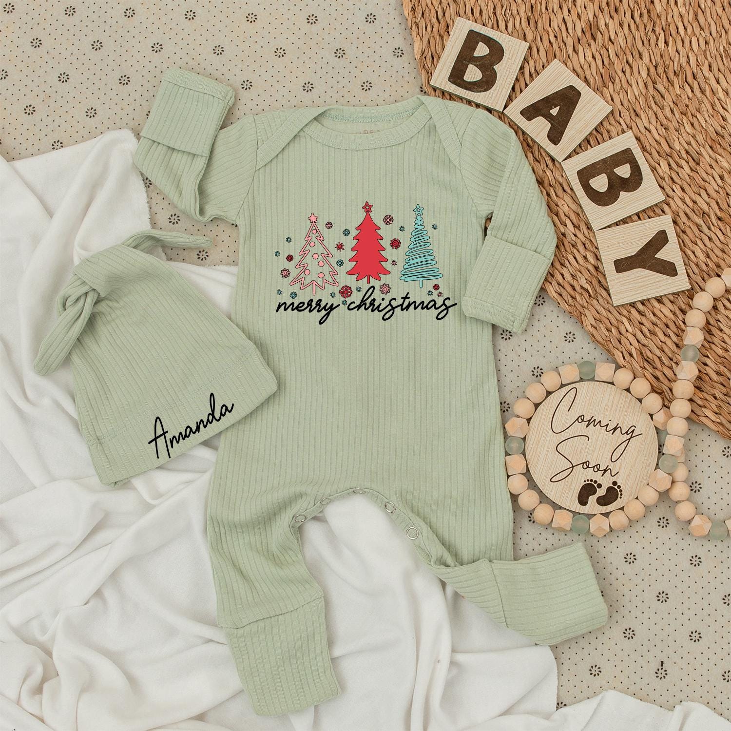 Merry Christmas Baby Bodysuit & Hat Set with Pink, Red, Teal Trees, Cursive Text and Amanda Hat Newborn Outfit Xmas Baby Girl Gift