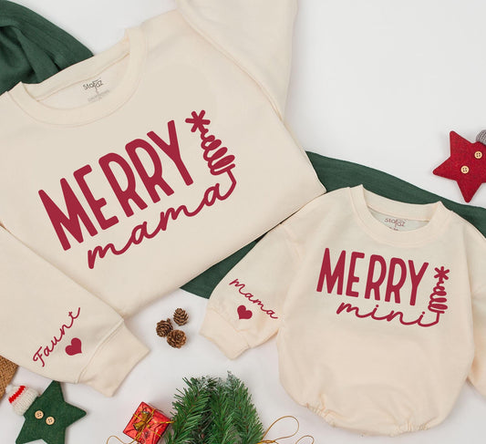 Personalized Merry Mama and Mini Matching Sweatshirts Custom Name Family Christmas Outfit Mama and Baby Girl Daughter Holiday Gift