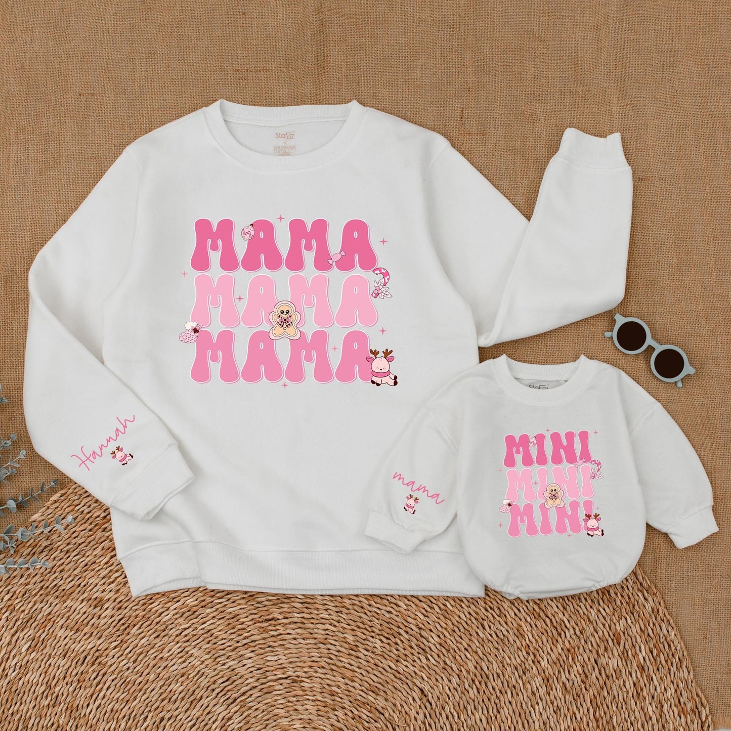 Matching Pink Christmas Mommy & Me Sweatshirt and Baby Romper Set