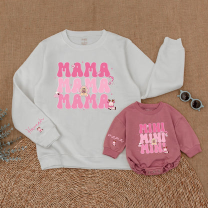 Matching Pink Christmas Mommy & Me Sweatshirt and Baby Romper Set