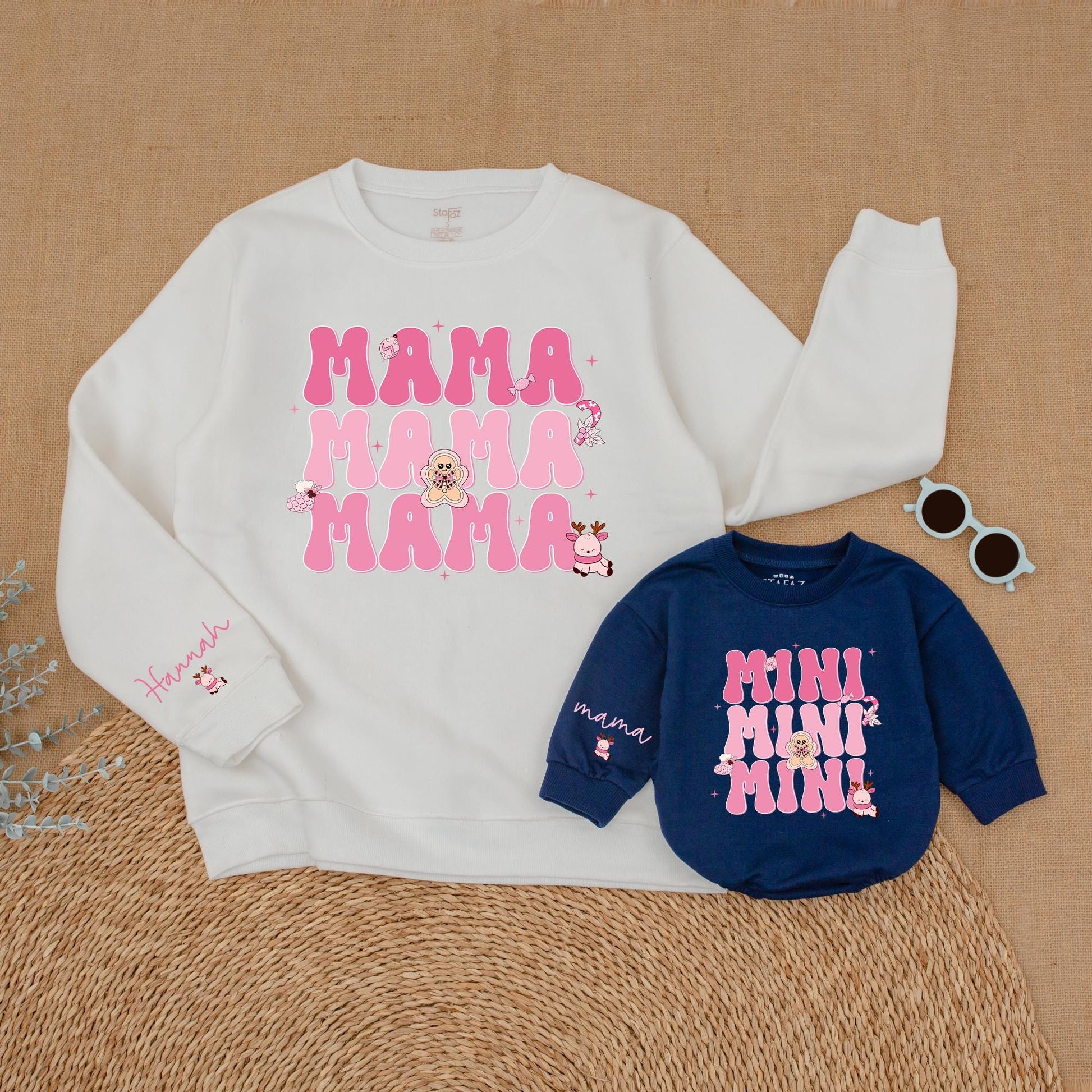 Matching Pink Christmas Mommy & Me Sweatshirt and Baby Romper Set