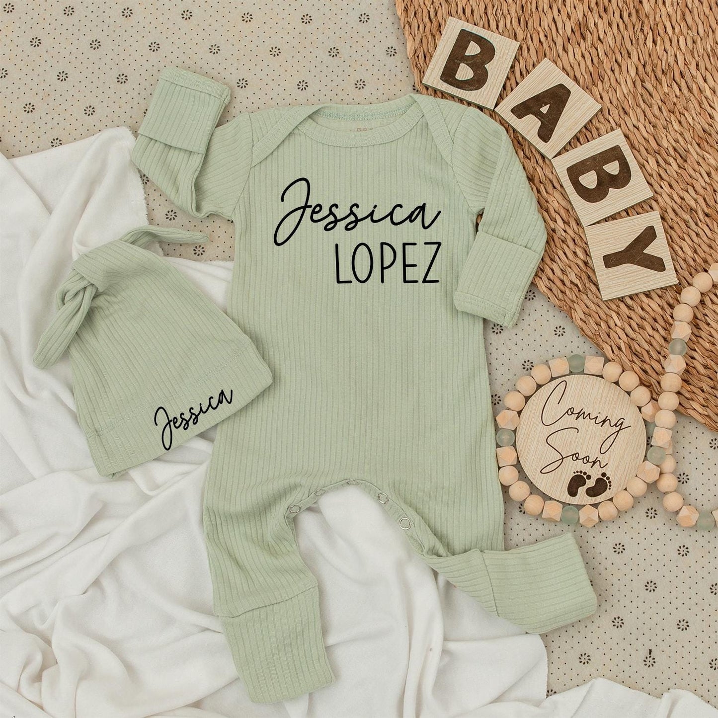 Custom Baby Name Outfit Set: Bodysuit & Hat - Gender Neutral Gift
