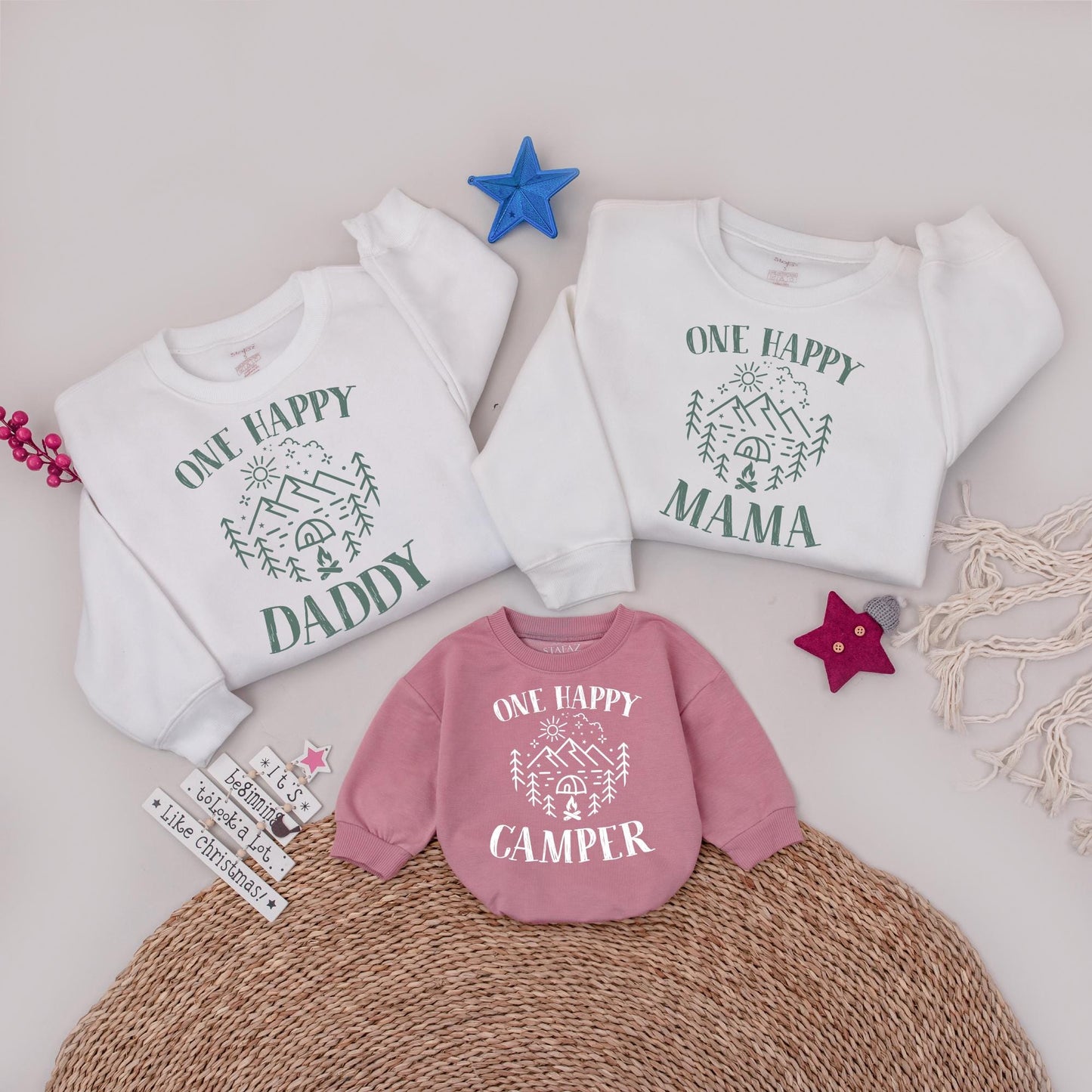 One Happy Camper First Birthday Matching Family Outfit Tee, Rustic Nature Sun Mountain Tree Star Tent Campfire Graphic Shirt