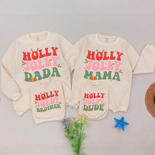 Personalized Holly Jolly Family Christmas Sweatshirt Matching Retro Holiday Crewneck Sweater for Mom Dad Brother Dude Festive Gift