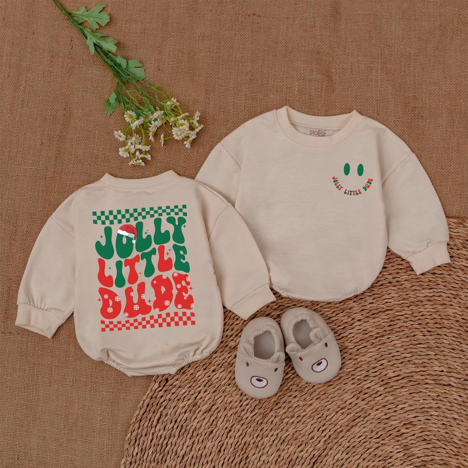 First Christmas Baby Bubble Romper, Holiday Bodysuit, Baby Gift Set