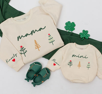 Matching Mama & Mini Christmas Sweatshirts, Family Outfit, Custom Name Sleeve, Dark Green Cursive, Christmas Tree, Baby Girl Gift