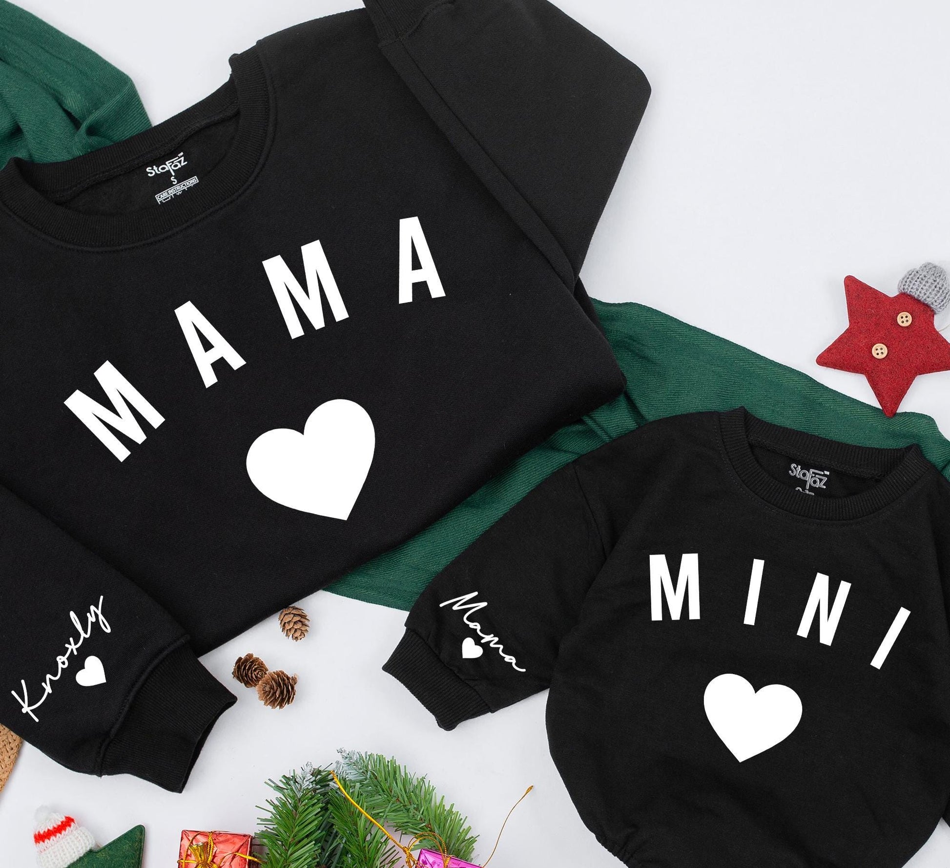 Personalized Mama and Mini Sweatshirt Knoxly Mama Sleeve Custom Black Heart Design Matching Family Outfits Baby Girl Gift